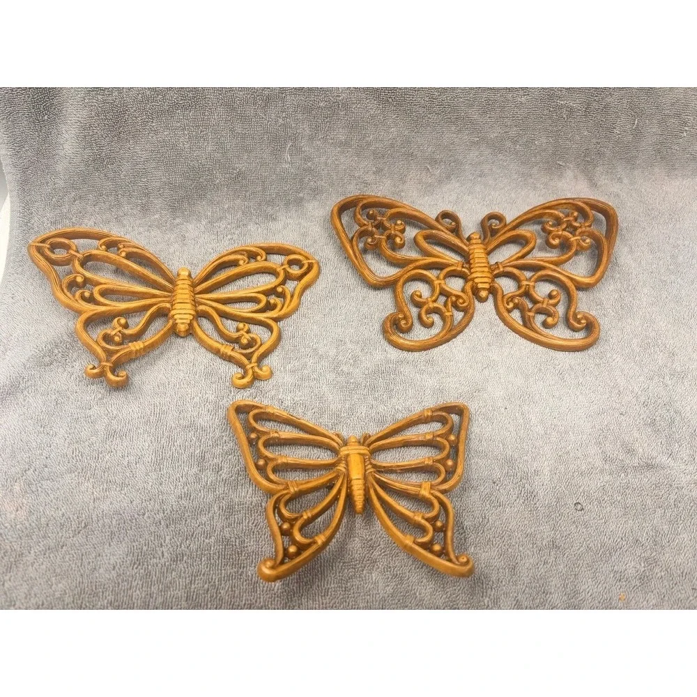 Vintage Burwood Products Butterfly Wall Decor Set of 3 Gold MCM 1970s USA Ratan